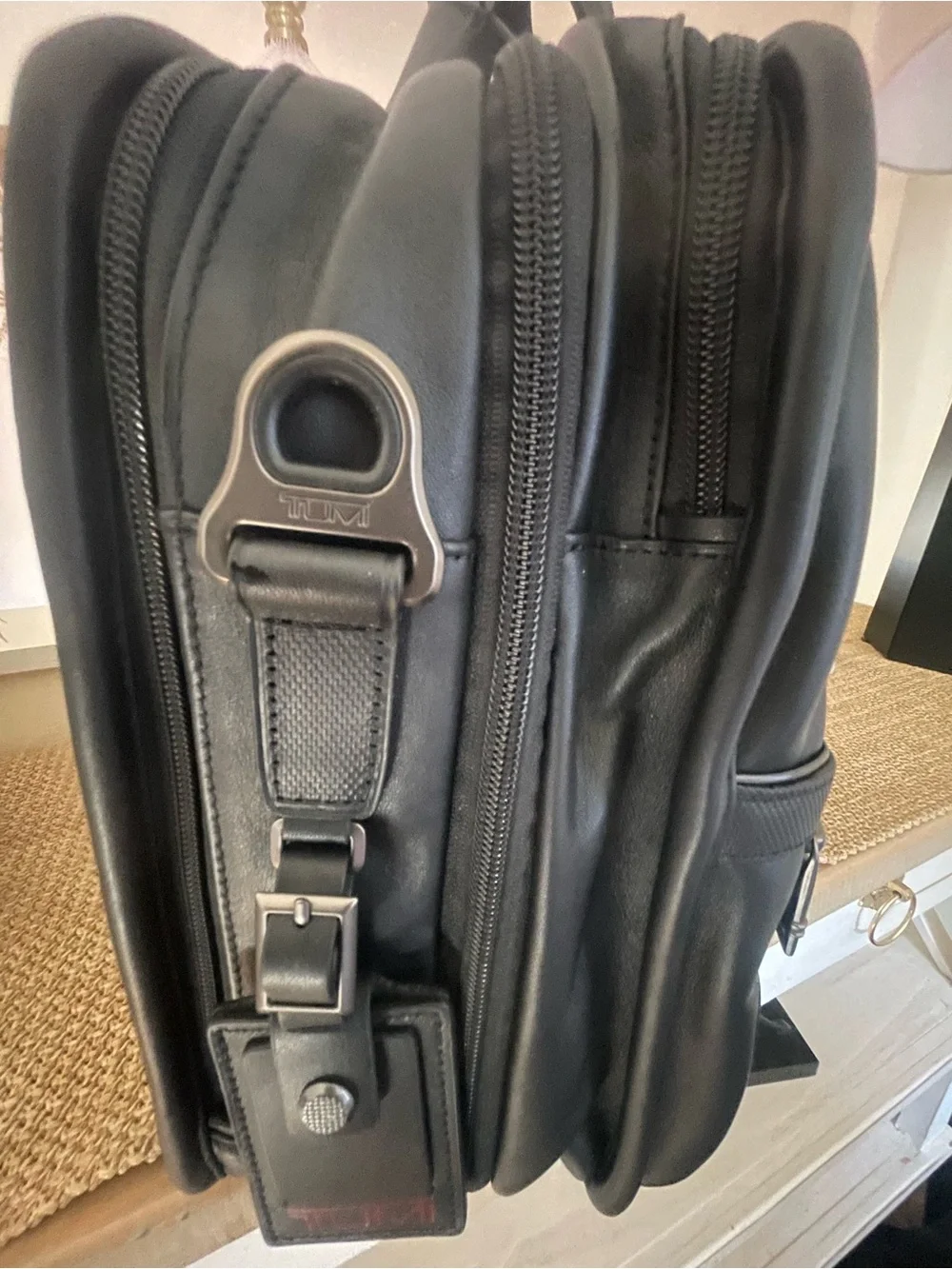 Tumi Black Leather Laptop Briefcase with Front Zip Pockets